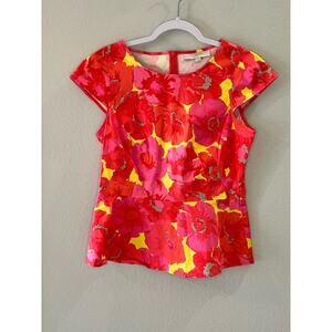 LOFT Floral Print Peplum Cap Sleeve Bright Orange Pink Yellow Top Size 4